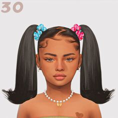 an animated girl with long black hair and pink flowers in her hair, wearing a pearl necklace