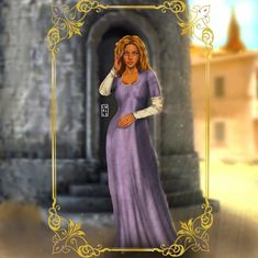 a digital painting of a woman in a long purple dress standing next to a castle