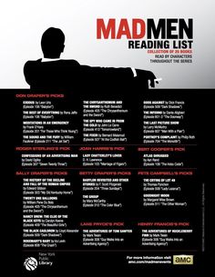 the mad men reading list is shown in black and red, with an image of a man