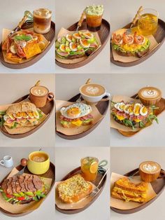 several pictures of different types of food on wooden trays with cups and saucers