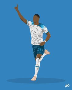 a soccer player is kicking the ball on a blue background