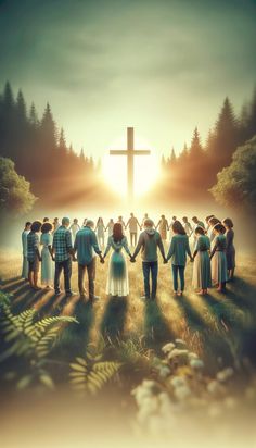 a group of people holding hands in front of a cross with the sun behind them