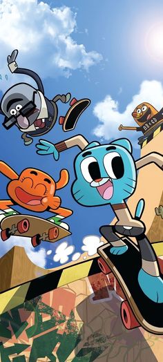 cartoon characters are flying through the air on skateboards