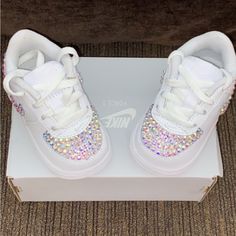 Custom White Nike Air Force Ones Size 4c With Swarovski Rhinestones Great For Any Gift Or Birthday Idea Never Worn White Rhinestone Round Toe Sneakers, White Synthetic Sneakers With Bling, Bedazzled Low-top Synthetic Sneakers, Bedazzled Synthetic Low-top Sneakers, Bedazzled Synthetic Sneakers With Round Toe, Nike Shoes Custom, Nike Air Max Black, Nike Kids Shoes, Cups Ideas