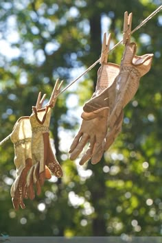 two gloves hanging on a clothes line with trees in the background