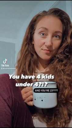 a woman holding a cup with the caption you have 4 kids under 42? and you're 27 % off