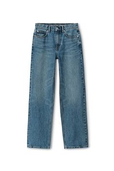 Mid-rise straight-leg jeans with invisible zip pockets at sides and classic denim pockets at back in vintage medium indigo wash. Relaxed fit. Full length. Zipper front closure. Composition: 100% cotton. Made in china. Model is 5' 11" and wears a size s. 4DC3234174473. Medium Wash Straight Hem Rigid Denim Jeans, Medium Wash Rigid Denim Jeans With Straight Hem, Relaxed Fit Denim Jeans With Straight Silhouette, Relaxed Fit Straight Silhouette Denim Jeans, Relaxed Fit Straight Denim Jeans, Dark Wash Straight Jeans With Five Pockets, Straight Cropped Jeans In Medium Wash With Five Pockets, Straight Cropped Jeans In Medium Wash, Everyday Straight Silhouette Denim Jeans