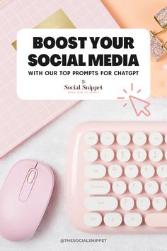 a pink keyboard and mouse with the words, booster your social media with our top items for chat