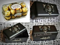 chocolates and candies are in black boxes with gold trimmings on them