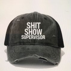 New Unisex Distressed Baseball Cap Snap Back / Adjustable Sh** Show Supervisor Color: Black/Gray Distressed Adjustable Snapback Baseball Cap, Adjustable Gray Trucker Hat With Letter Print, Gray Letter Print Baseball Cap, One Size Fits Most, Cheap Distressed Black Baseball Cap, Adjustable Distressed Black Baseball Cap, Black Distressed Adjustable Baseball Cap, Distressed Washed Black Snapback Baseball Cap, Gray Baseball Cap With Letter Print, One Size, Black Distressed Cotton Trucker Hat