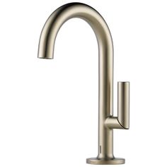 a brushed steel faucet with the handle extended to it's left side