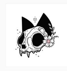 a black and white drawing of a skull wearing a bow tie with flowers in its mouth