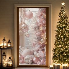 a decorated christmas tree in front of a door with ornaments and lights on the outside