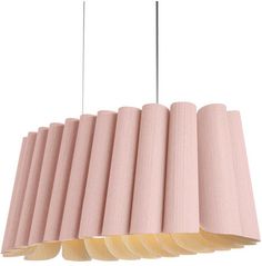 the light fixture is made from wood and has five lights on each end, one pink