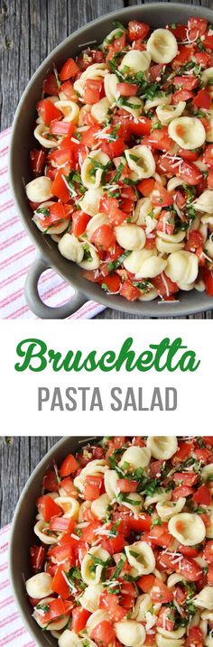 two pictures of pasta with tomatoes and basil in a pan on a wooden table top