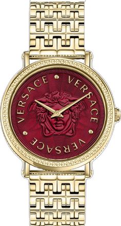 Red Watches With Diamond Hour Markers, Red Watches With Diamond Hour Markers As Gift, Luxury Red Quartz Watches, Luxury Red Watch With Diamond Hour Markers, Designer Red Watch As A Gift, Versace Women, Glamorous Style, Yellow Gold Bracelet, Italian Luxury