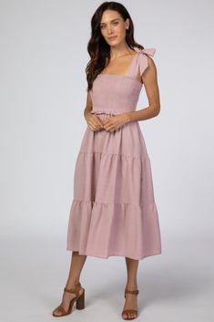 Mauve Bow Strap Tiered Midi Dress – PinkBlush Bow Straps, Maternity Dresses For Baby Shower, Solid Midi Dress, Shower Outfits, Bow Tie Dress, Maternity Midi Dress, Baby Shower Outfit, Baby Shower Dresses, Mauve Dress