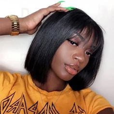 PRICES MAY VARY. 100% Brazilian Human Hair:short Bob wig with Bangs,100% High Quality Brazilian Remy Human Hair,Soft And Tangle-free,Natural And Healthy.150% Density Non Lace front short bob wig for black women. Wig Style:Straight human hair wig with bangs looks natural ,Easy To Wear,Bring You More Confidence And Charm.The bangs are a bit long, can be trimmed as Your Like. Cap Size:Average Cap With Adjustable Strap And Combs Suitable For Most People(22"-22.5"),It Can Help You Fixed On The Head,S Bob Lace Front Wigs, Short Human Hair Wigs, Wig With Bangs, Short Bob Wigs, Bob Wig, Brazilian Human Hair, Real Human Hair