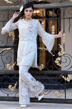 Kurti With Bell Bottom Pants, Embellished Outfit, Real Outfits, Embroidered Trousers, Ribbon Dance, Pearl Ribbon, Floral Embroidery Dress, Pakistani Style