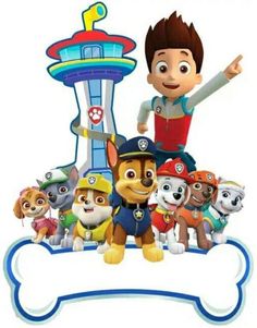 the cartoon character paw patrol is surrounded by many puppies