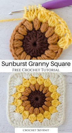 the sunburst granny square crochet pattern is shown in three different colors