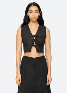 black-lara vest-front view Cropped Summer Workwear Vest, Summer Cropped Workwear Vest, Summer Workwear Cropped Vest, Linen Tie Back Crop Top, Elegant Cropped Linen Crop Top, Elegant Linen Cropped Top, Chic Linen Crop Top With Tie Back, Fitted Linen Tank Top For Spring, Cropped Tank Top For Summer Workwear