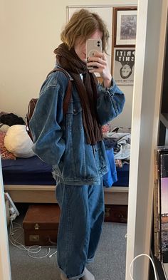 Overalls In Winter Outfits, Aesthetic Jean Jacket Outfits, Retro Denim Outfits, Fitted Denim Jacket Outfit, 90s Jacket Outfits, Fall Outfits Jean Jacket, Dress With Jean Jacket Outfit, Jean Jacket Fall Outfits, How To Style Jean Jacket