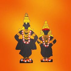 two statues are standing next to each other in front of an orange background with white stars