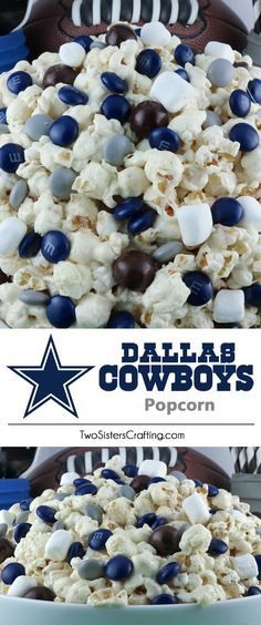 a bowl full of popcorn with blue, white and black candy on the side next to a football