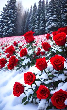 red roses in the snow with pine trees in the background