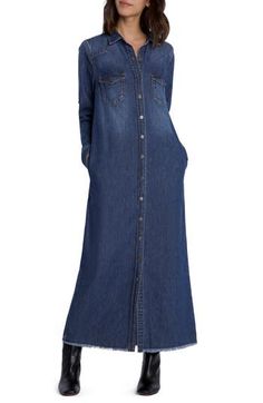 A workshirt-inspired nonstretch denim dress delivers all the good vibes you expect, from its western yoke to a feathery fringed hem. 53 1/2" length Spread collar Long sleeves with button cuffs 100% cotton Machine wash, tumble dry Imported Best Dress Websites, Girls Fall Fashion, Malibu Blue, Fall Wardrobe Essentials, Denim Maxi Dress, Denim Maxi, Denim Maxi Skirt, Satin Gown, Made Clothing