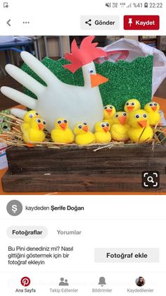 a bunch of rubber ducks sitting in a box on top of a wooden table next to a fake chicken