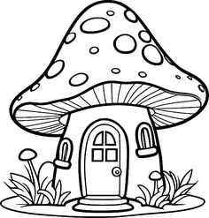 a mushroom house in the grass coloring page