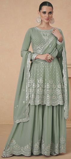 Green color Salwar Kameez in Art Silk fabric with Embroidered, Sequence, Zari work Pakistani Sharara Suit, Pakistani Sharara, Palazzo Suit, Sharara Suit, Salwar Kameez Designs, Zari Work, Business Outfits, Festival Wear, Green Fashion