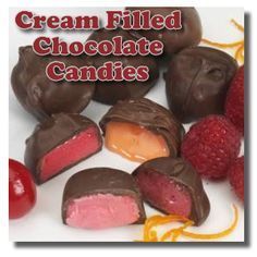 chocolate candies with raspberries on the side and text cream filled chocolate candies