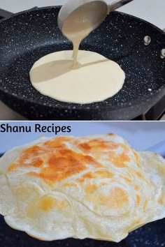 two pictures showing how to make pancakes in a skillet and then using an omelette