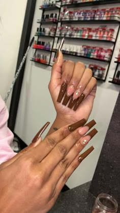 Long One Color Acrylic Nails, Brown Nails Acrylic Coffin Long, Long Brown Nails With Rhinestones, Brow Nail Ideas, Brown Nails Design With Rhinestones, Brown Nails Rhinestones, Brown Acrylic Nails With Rhinestones, Brown Long Acrylic Nails, Long Brown Acrylic Nails