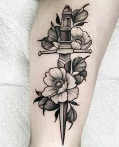 Dagger With Vines Tattoo, Main Character Tattoo, Down The Rabbit Hole Tattoo, Dagger Tattoo Forearm, Gothic Dagger Tattoo, Dagger And Flower Tattoo, Knife With Flowers Tattoo, Dagger With Flowers Tattoo, Flower Dagger Tattoo