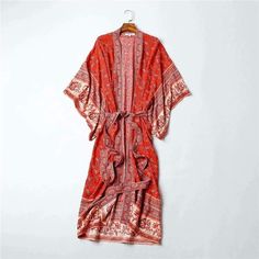 Women's Boho Long Kimono Robe Red – wickedafstore Bohemian Robes, Kimono Mini Dress, Boho Soul, Kimono Floral, Bohemian Kimono, Traditional Kimono, Long Kaftan, Summer Kimono, Red Boho