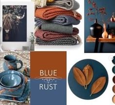 blue and rust color scheme with vases, bowls, plates and other items on display