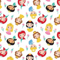 seamless disney princesses and prince crowns pattern on white background, with pink flowers in the foreground