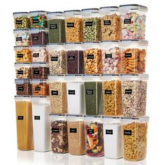 a large assortment of cereals and nuts in plastic containers