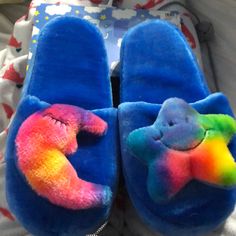 New Moon/Star Slippers, Size Large 9/10, Some Stain On Bottom Of One Star Slippers, Leopard Slippers, Faux Fur Slides, Open Toe Slippers, Black Slippers, Sheepskin Slippers, Slide Slippers, Orange Pillows, Faux Fur Slippers