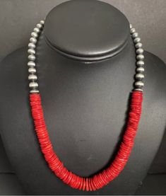 Sterling Silver Red Coral with Navajo Pearls Bead Necklace. 18 inch Handmade Southwestern Red Jewelry, Southwestern Hand-strung Round Necklace, Western Style Red Jewelry As Gift, Artisan Red Necklaces With Spacer Beads, Red Southwestern Hand-strung Jewelry, Southwestern Hand-strung Red Jewelry, Southwestern Style Round Beaded Necklaces With Large Beads, Southwestern Red Jewelry With Large Beads, Southwestern Style Red Jewelry With Large Beads