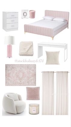 a white bedroom with pink accents and accessories