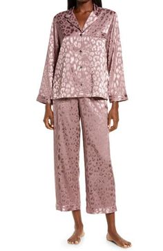 The exquisite fabrication of blissfully soft satin upgrades these notch-collar PJs to a new level of indulgence. 25 1/2" top length; 25 1/2" inseam, 20 1/2" leg opening; 11" front rise; 14" back rise (size Medium) Top has front button closure; notch collar; long sleeves; chest patch pocket Pants have drawstring waist 97% polyester, 3% spandex Machine wash, tumble dry Imported Lingerie Satin Pajamas, Notch Collar, Pocket Pants, Drawstring Waist, Patch Pocket, Two Piece Pant Set, Pajamas, Jumpsuit, Nordstrom