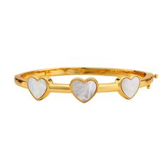 14k gold dipped heart bangle features 3 mother of pearl hearts across a bangle with hinge and clasp. Wear it on its own or layer in with other ASHA classics! *Will ship 9/12 Charm Pendant Necklace, Gold Dipped, Scarf Jewelry, Chain Pendants, Charm Earrings, Bag Straps, Bridal Accessories, Jewelry Earrings Studs, Wear It