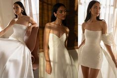 two women in white dresses standing next to each other and one woman wearing an off the shoulder dress