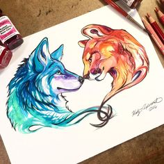 two colored wolfs are kissing each other on a sheet of paper with watercolor crayons next to them