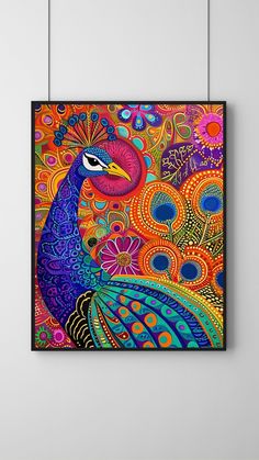 a colorful peacock painting hanging on a wall